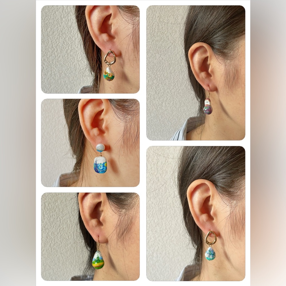 Van Gough's Starry Night Hand Painted Baroque Pearl Earrings | Wearable Art